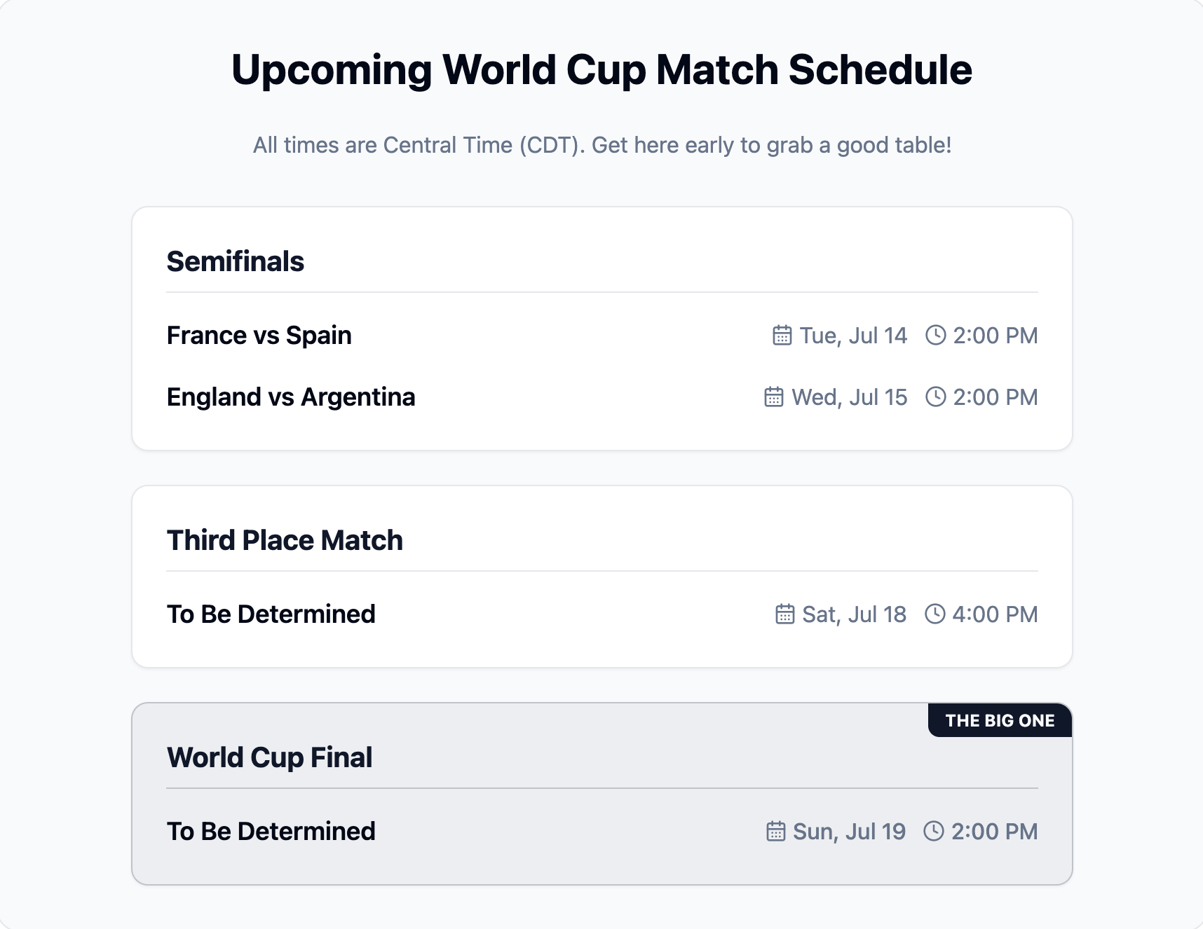 Upcoming World Cup Match Schedule