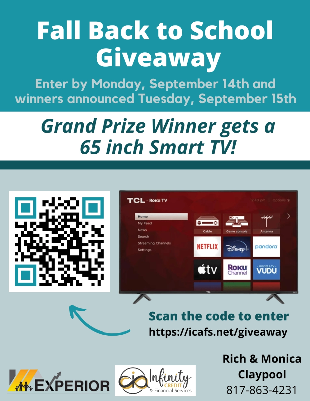 Fall Back to School Giveaway — Grand Prize Winner gets a 65 inch Smart TV. Enter by Monday, September 14th; winners announced Tuesday, September 15th.