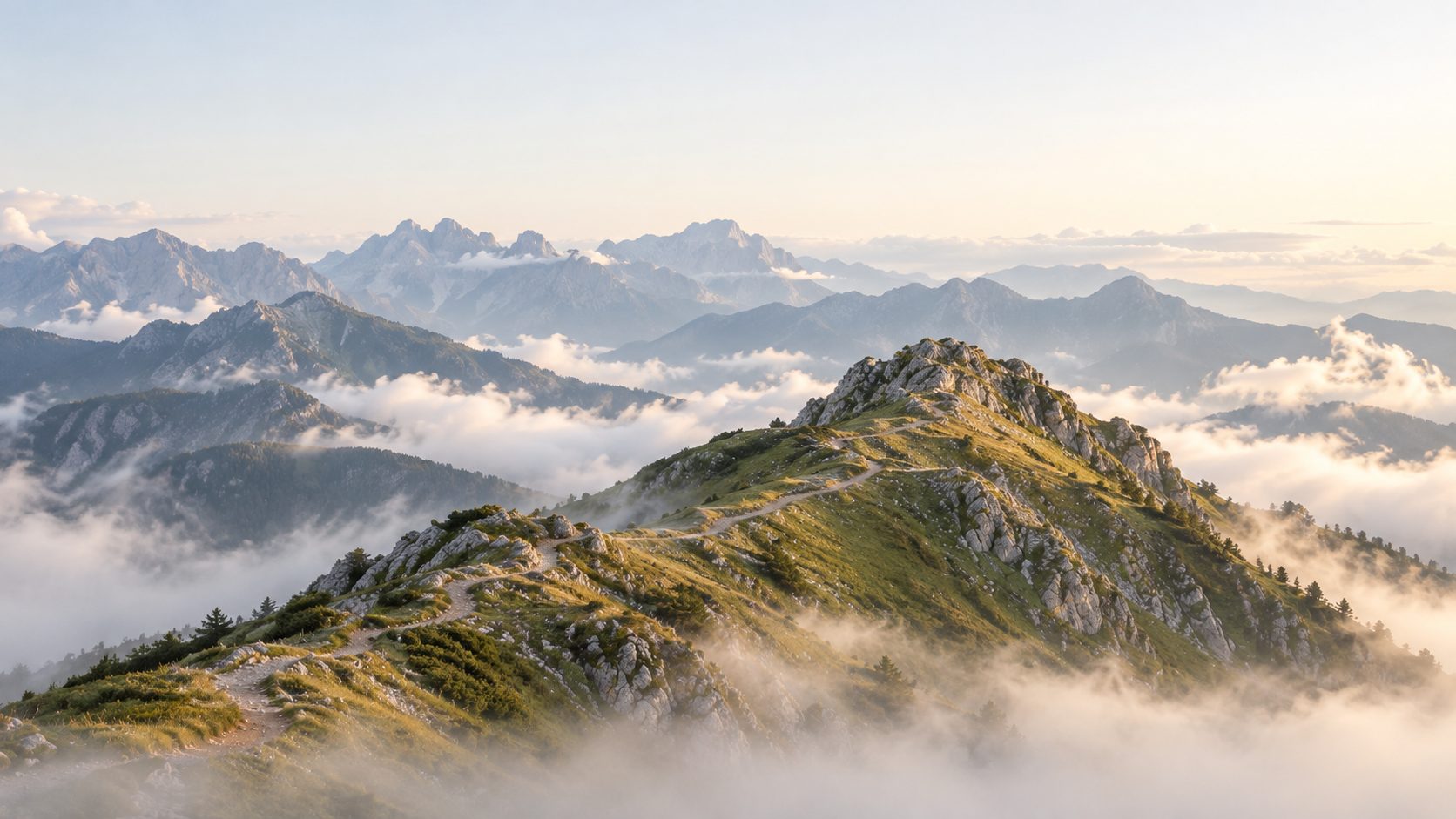 A trail winding up a mountain ridge above the clouds
