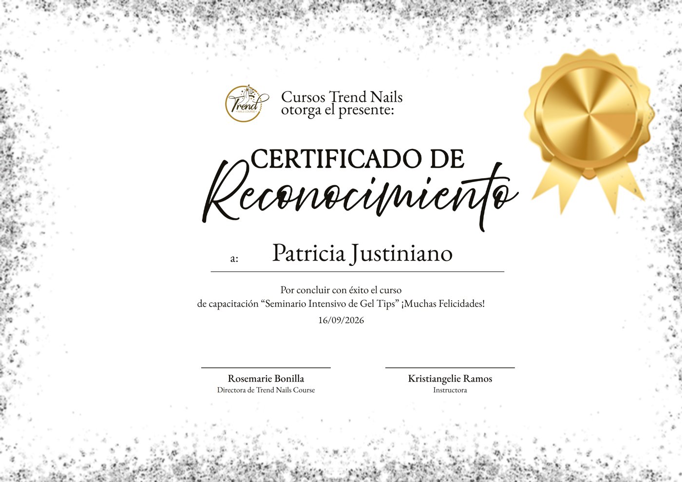 Certificado de participación del Seminario de Gel Tips de Trend Nails Course