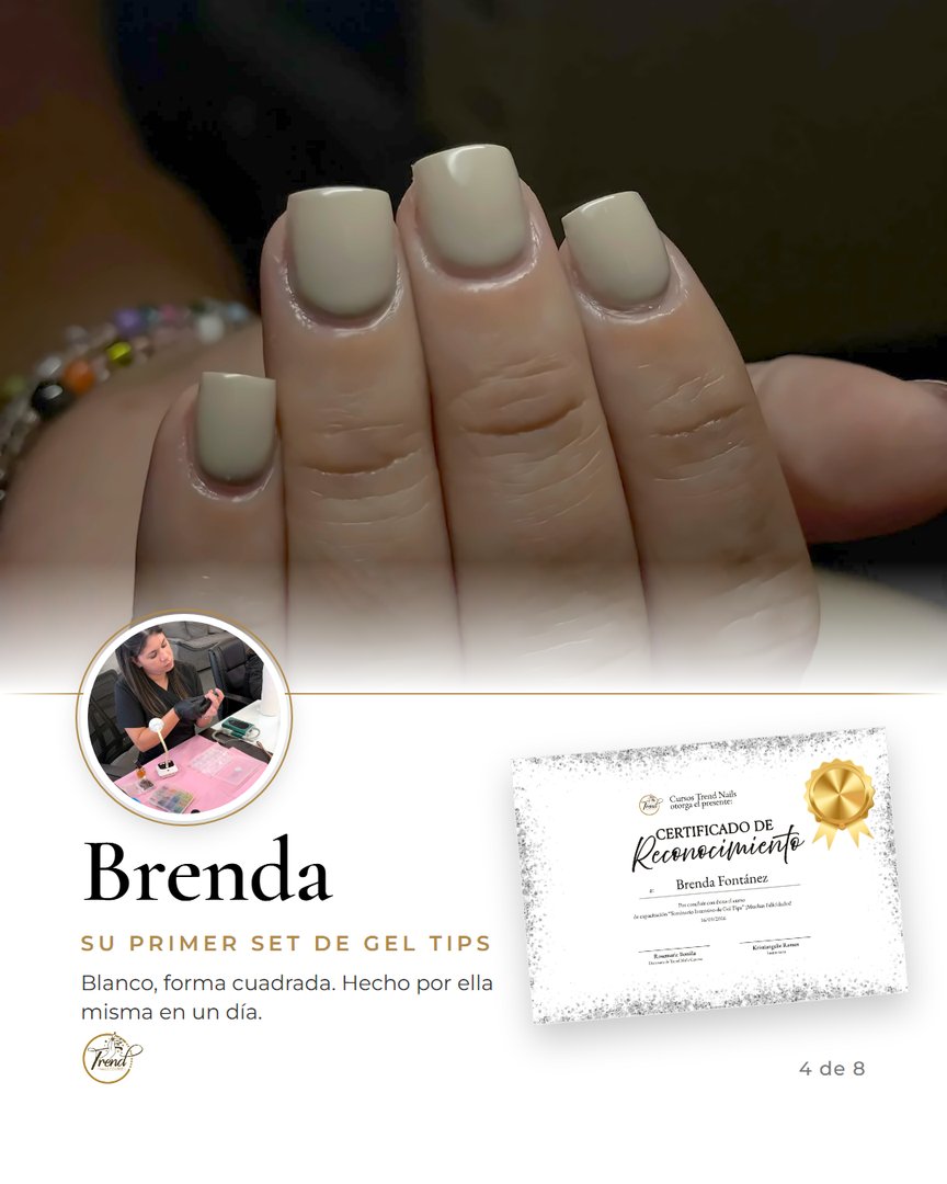 Brenda, participante del Seminario de Gel Tips de Trend Nails Course, con su set blanco, forma cuadrada corta