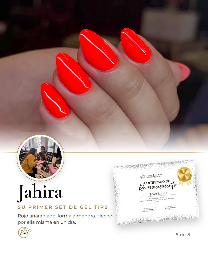 Jahira, participante del Seminario de Gel Tips de Trend Nails Course, con su set rojo anaranjado, forma almendra larga