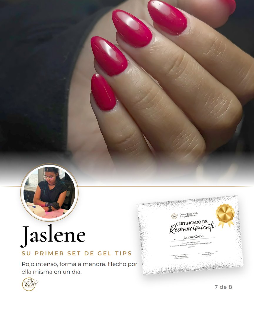 Jaslene, participante del Seminario de Gel Tips de Trend Nails Course, con su set rojo intenso, forma almendra
