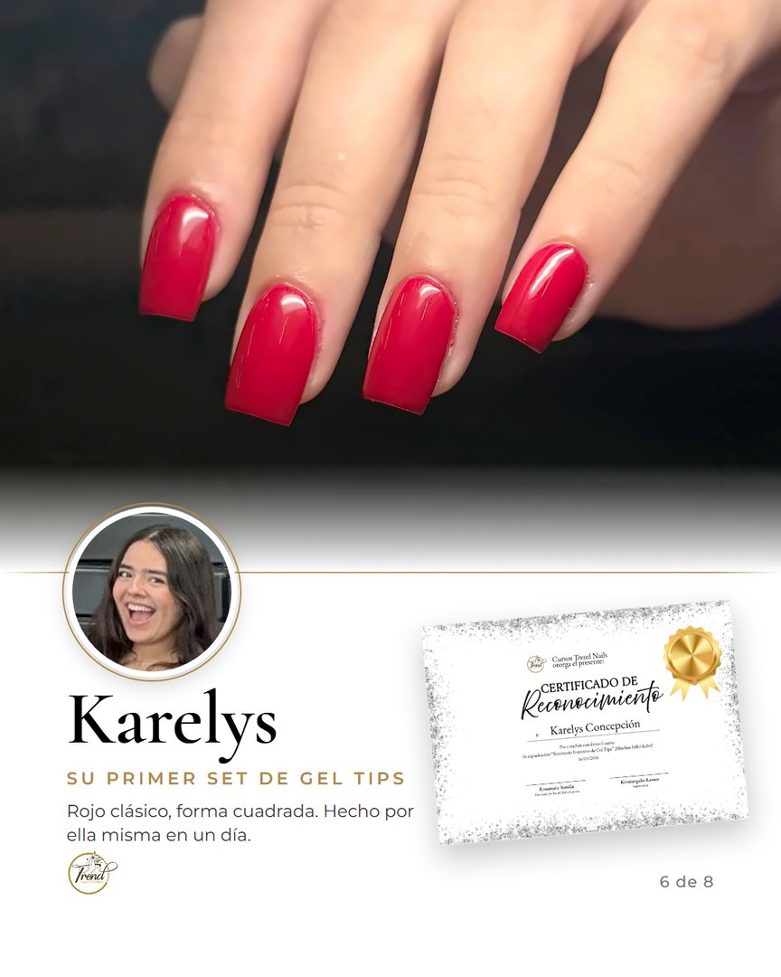 Karelys, participante del Seminario de Gel Tips de Trend Nails Course, con su set rojo clásico, forma cuadrada corta