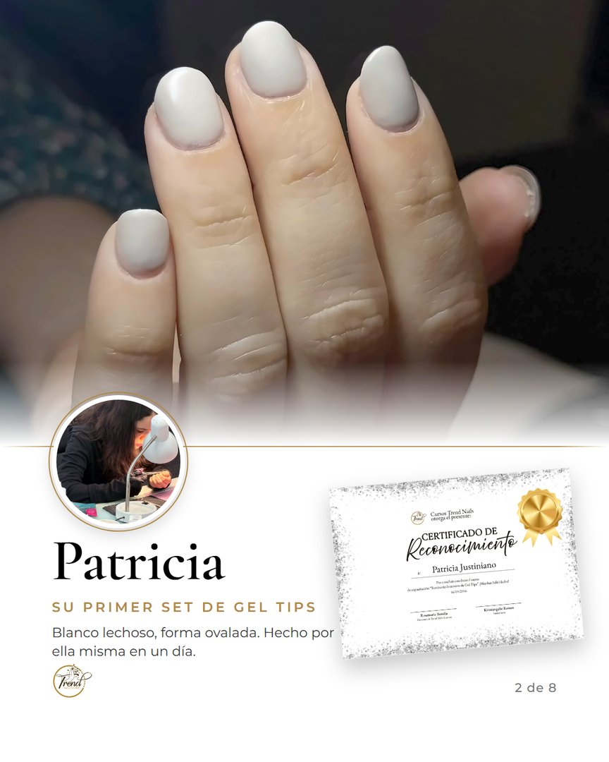 Patricia, participante del Seminario de Gel Tips de Trend Nails Course, con su set blanco lechoso, forma ovalada corta