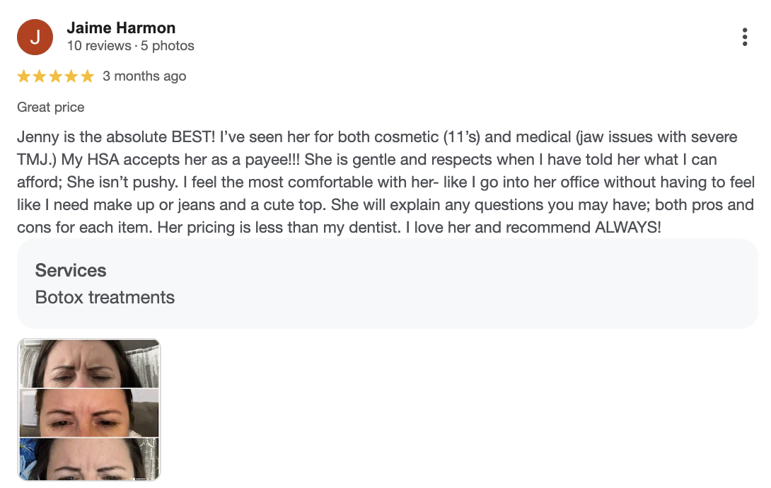 5-star Google review for Jenny Knorr Aesthetics