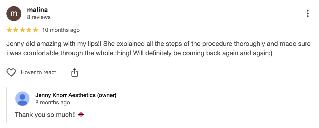 5-star Google review for Jenny Knorr Aesthetics