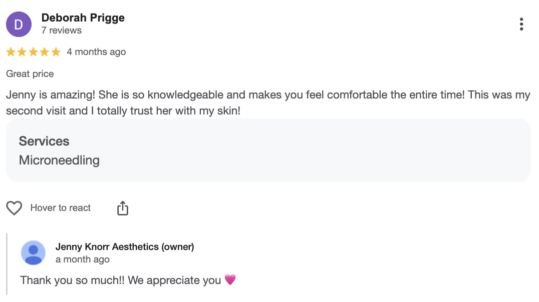 5-star Google review for Jenny Knorr Aesthetics