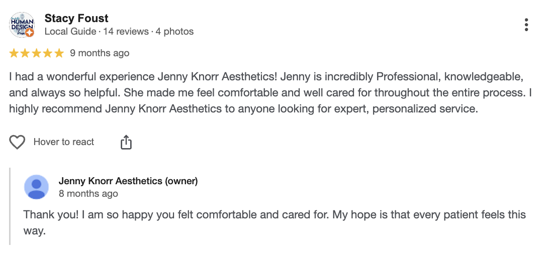 5-star Google review for Jenny Knorr Aesthetics