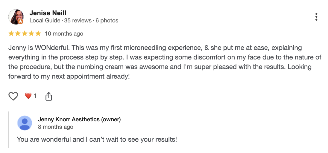 5-star Google review for Jenny Knorr Aesthetics