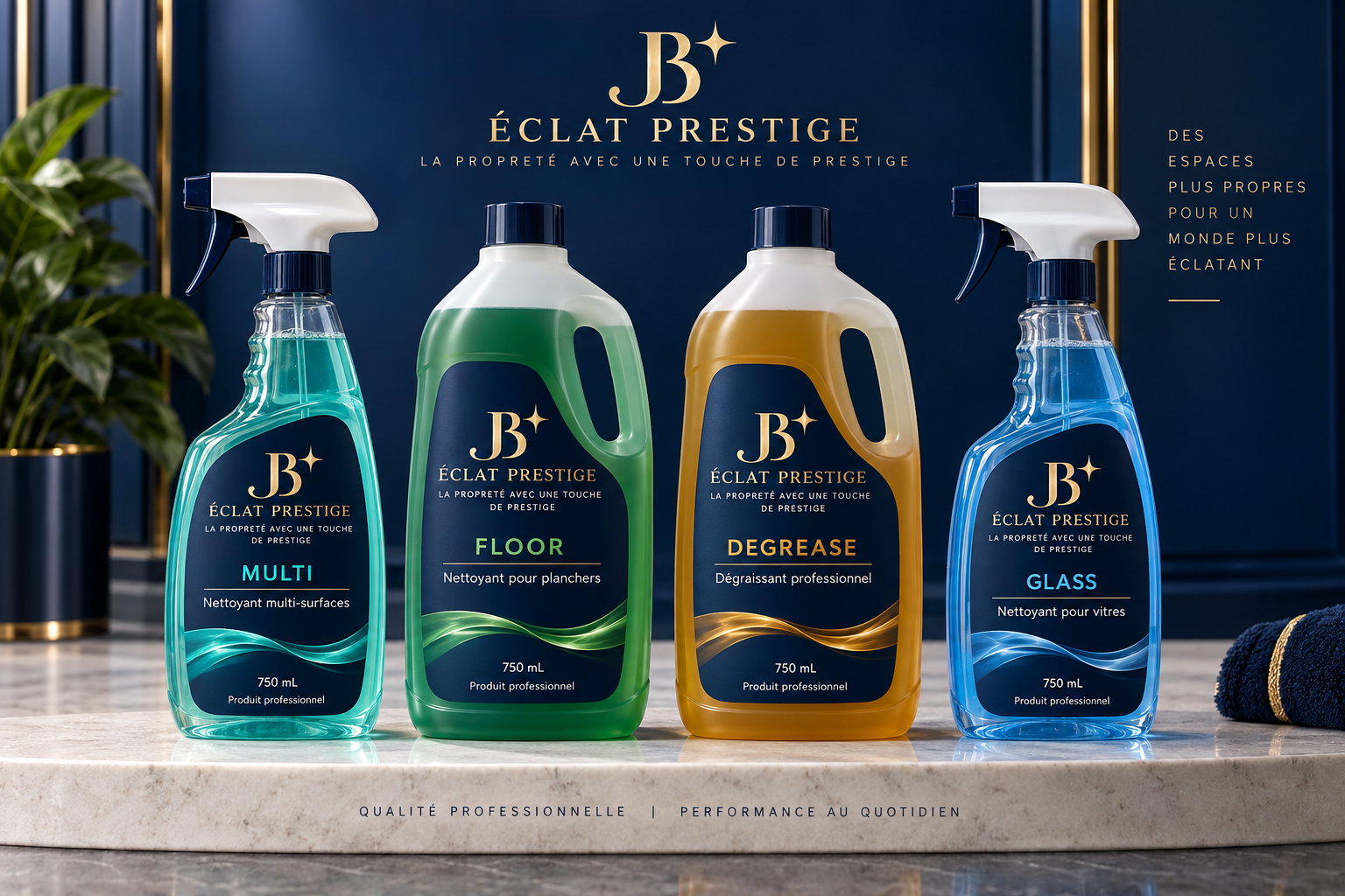 Gamme de produits JB Éclat Prestige : Multi, Floor, Degrease, Glass