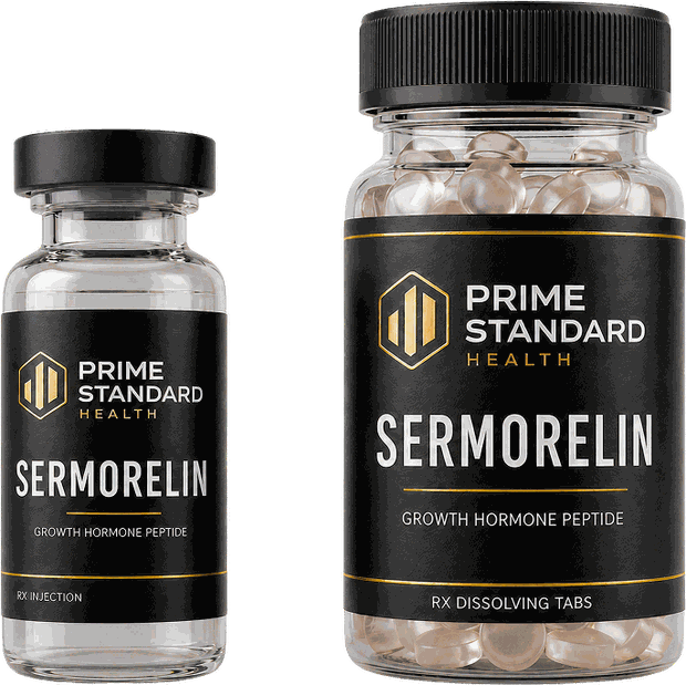 Prime Standard Health Sermorelin vial and mint tablet bottle