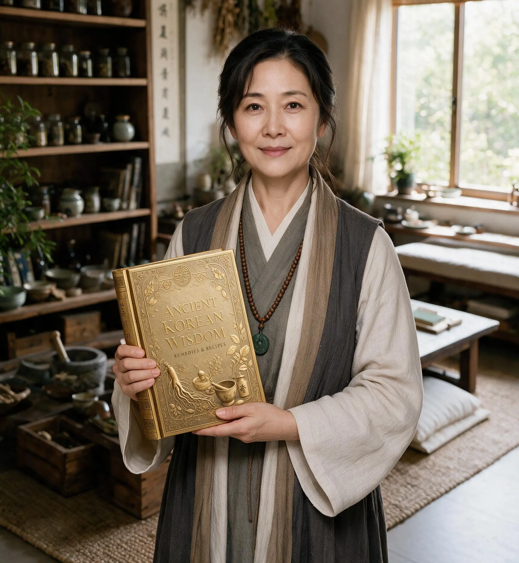 Marie Preston holding the Ancient Korean Wisdom book