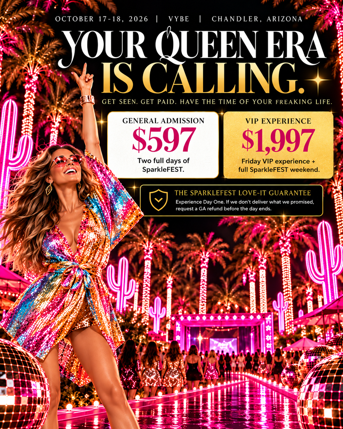 SparkleFEST ticket artwork showing General Admission $597 and VIP Experience $1,997