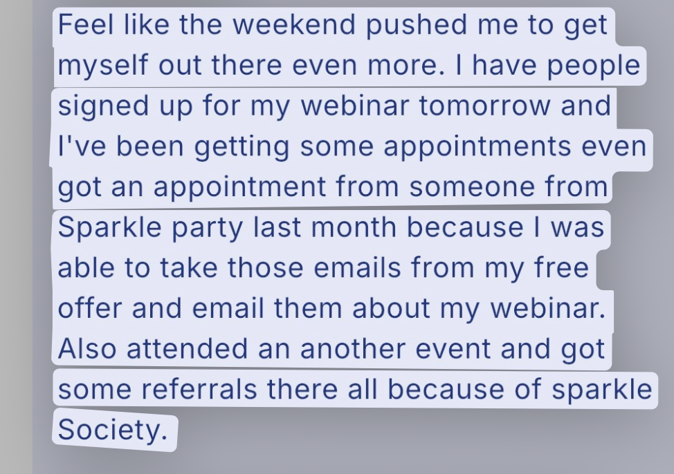 Original message about webinar signups, appointments, and referrals through Sparkle connections