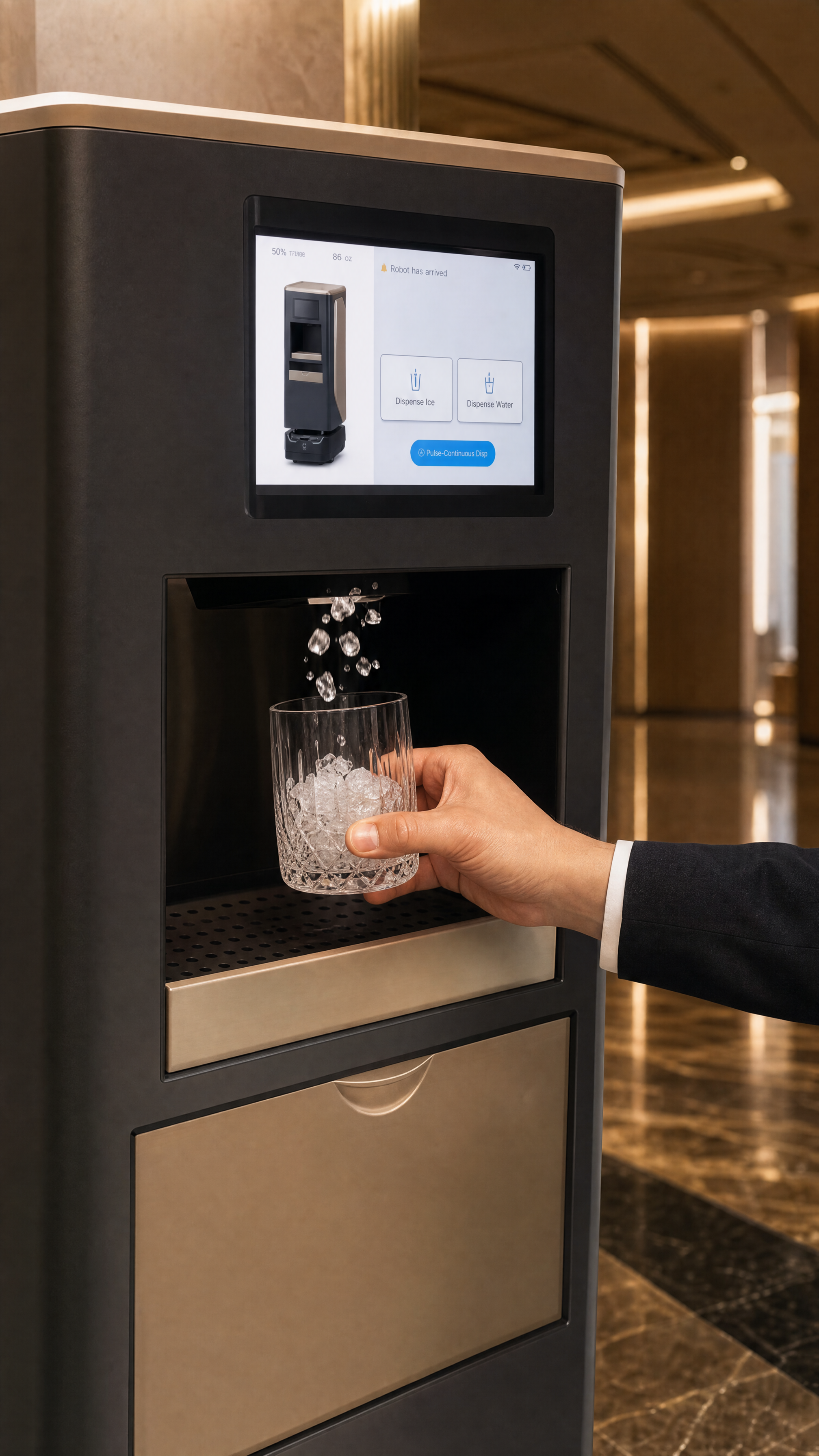 KB6 dispensing fresh nugget ice in a hospitality service setting