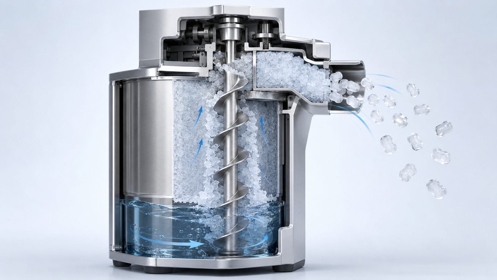 How a nugget ice maker forms and compacts fine ice into nuggets