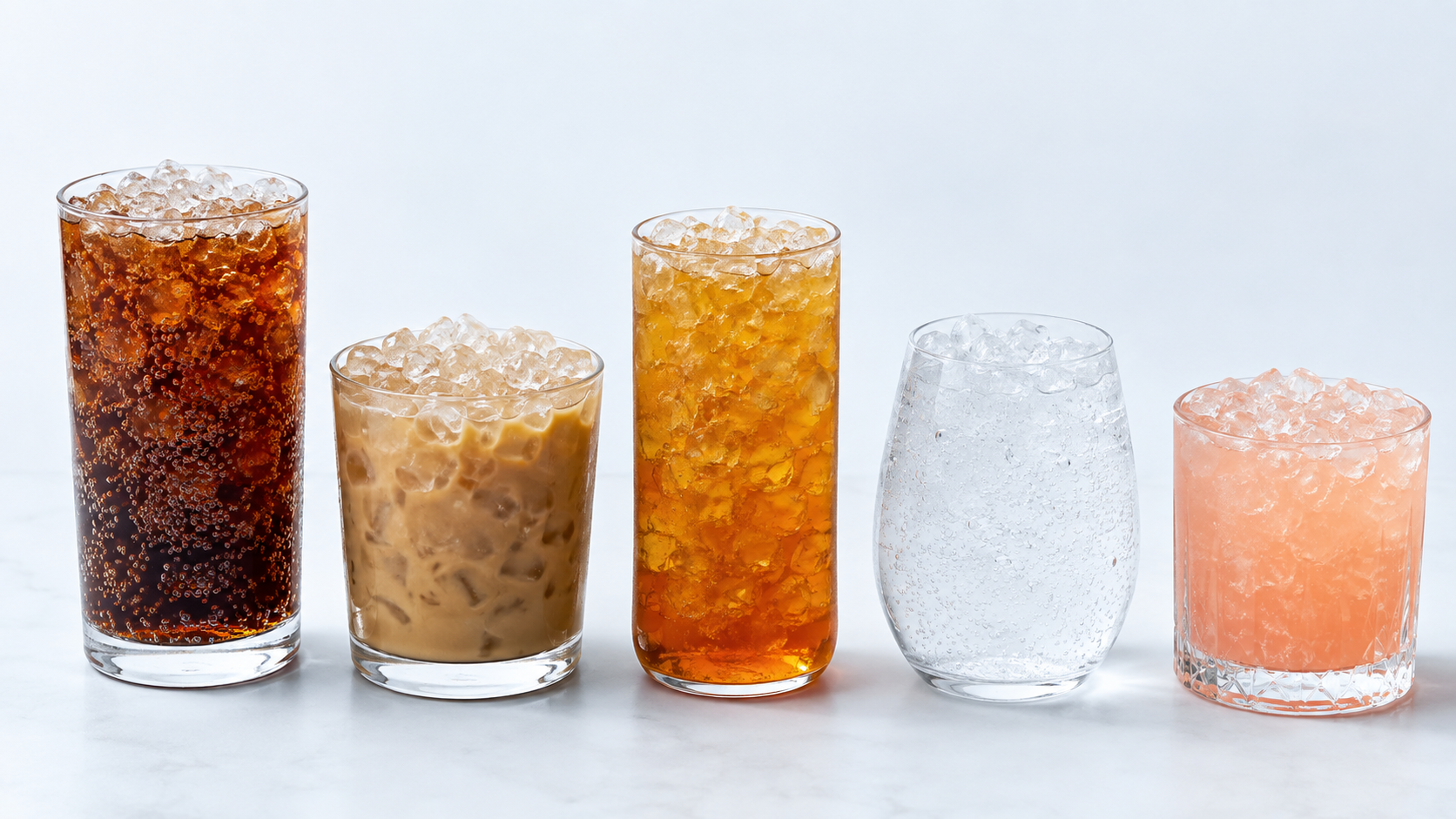 Soft drink, iced coffee, tea, sparkling water and mocktail served with nugget ice