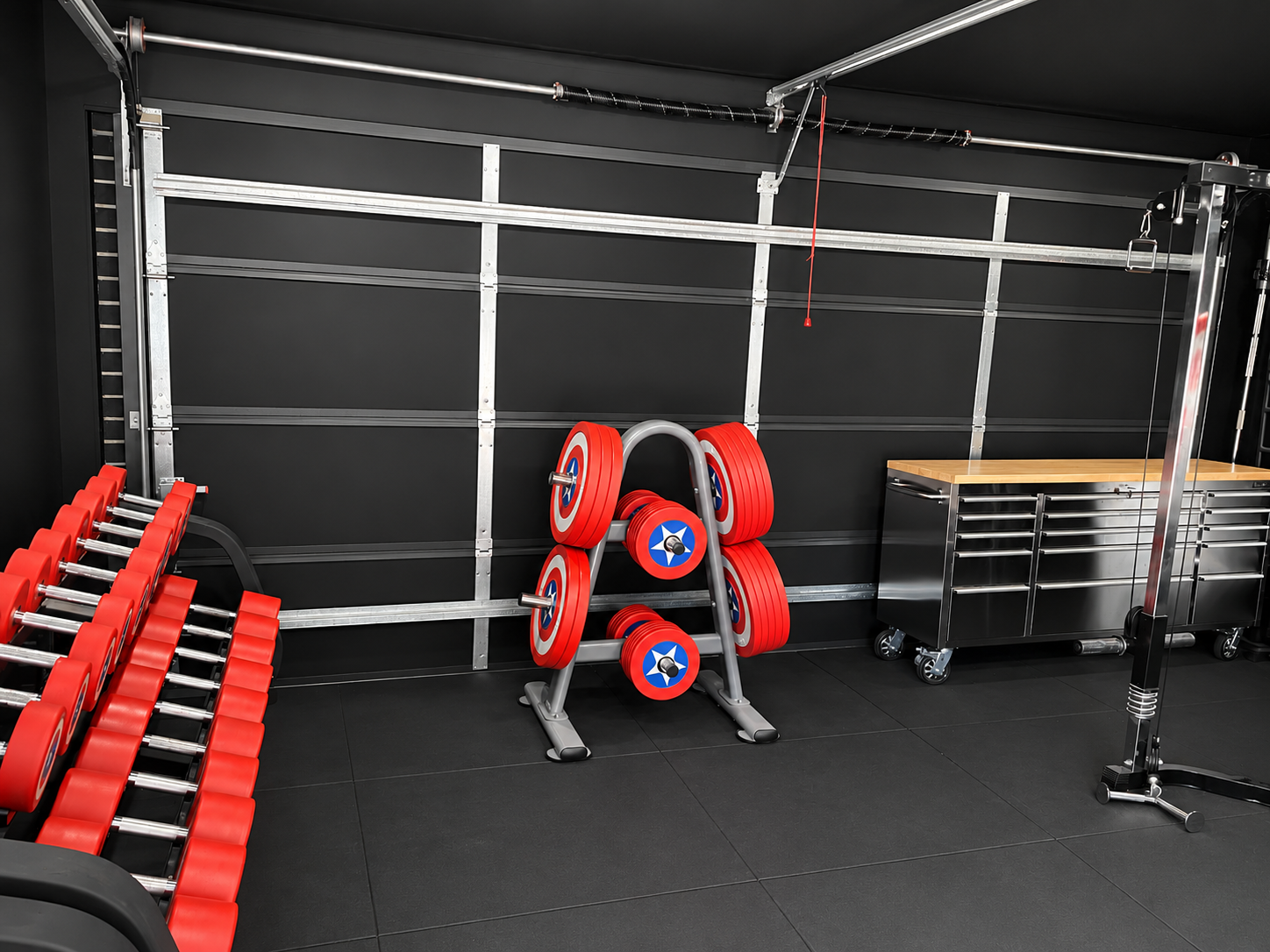 A comfortable insulated garage arranged as a gym, workspace and living area