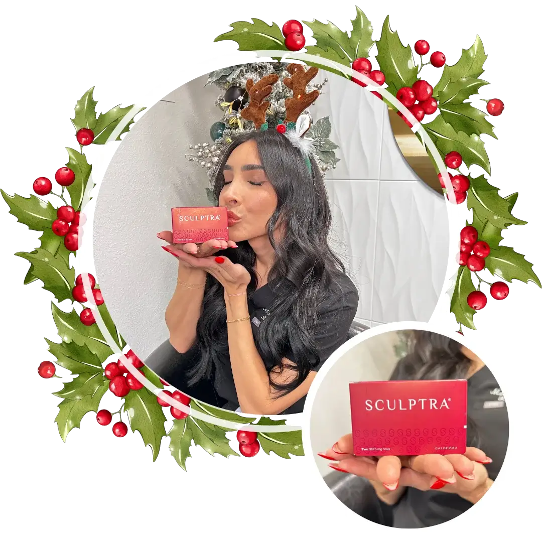 Marisa smiling and holding a Sculptra box, promoting the Buy 2 Sculptra sessions, get 1 free offer at Chrome Aesthetics.