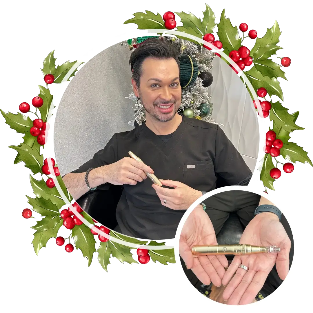 Joey holding a microneedling device, showcasing the Buy 3 microneedling sessions, get 1 free promotion with a complimentary vamp add-on to one session.