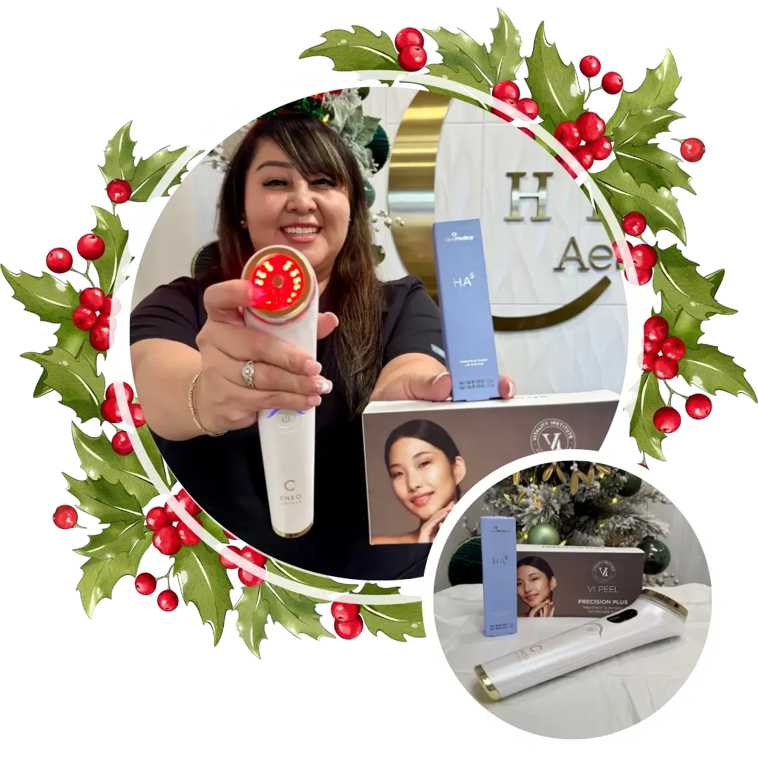 Janelle holding a chemical peel set, highlighting the offer: Buy 2 chemical peels and receive complimentary red light therapy plus a SkinMedica AHA Lip Plump.