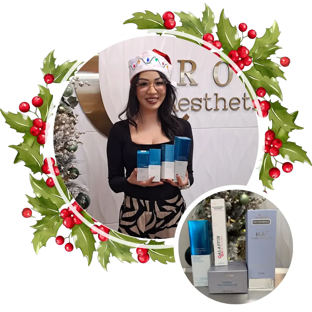 Janelle holding a chemical peel set, highlighting the offer: Buy 2 chemical peels and receive complimentary red light therapy plus a SkinMedica AHA Lip Plump.