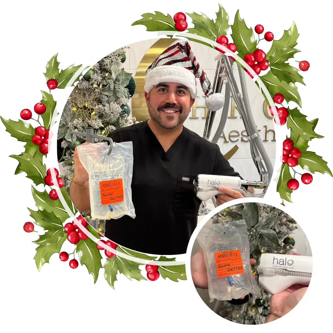 Michael holding a Halo device, promoting the Buy Halo treatment and receive a Glow Getter or Beauty IV vitamin infusion offer.