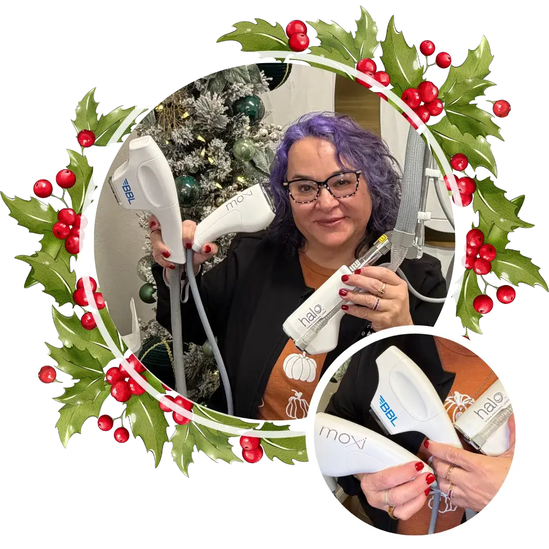 Barbara holding the Trifecta set, featuring Halo, BBL, and Moxi devices at Chrome Aesthetics.