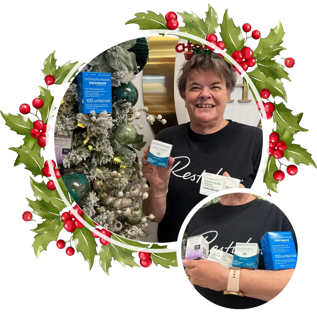 Joleen holding all Daxxify vials, promoting the ‘Get 2 vials’ offer.