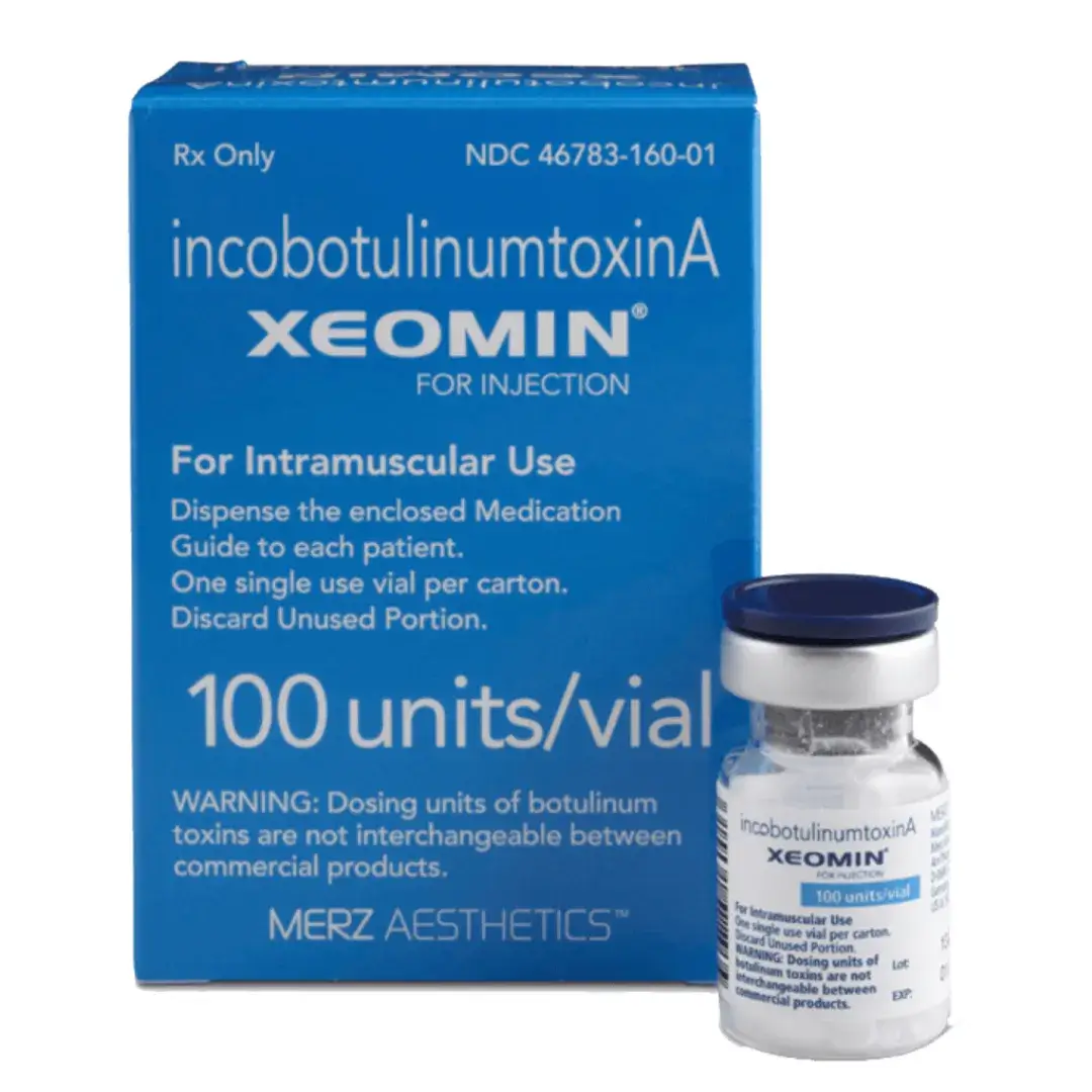 Xeomin (incobotulinumtoxinA) 100 units/vial product packaging and vial from Merz Aesthetics, used for neuromodulator treatments at Chrome Aesthetics. Xeomin (incobotulinumtoxinA) 100 units/vial product packaging and vial from Merz Aesthetics, used for neuromodulator treatments at Chrome Aesthetics.