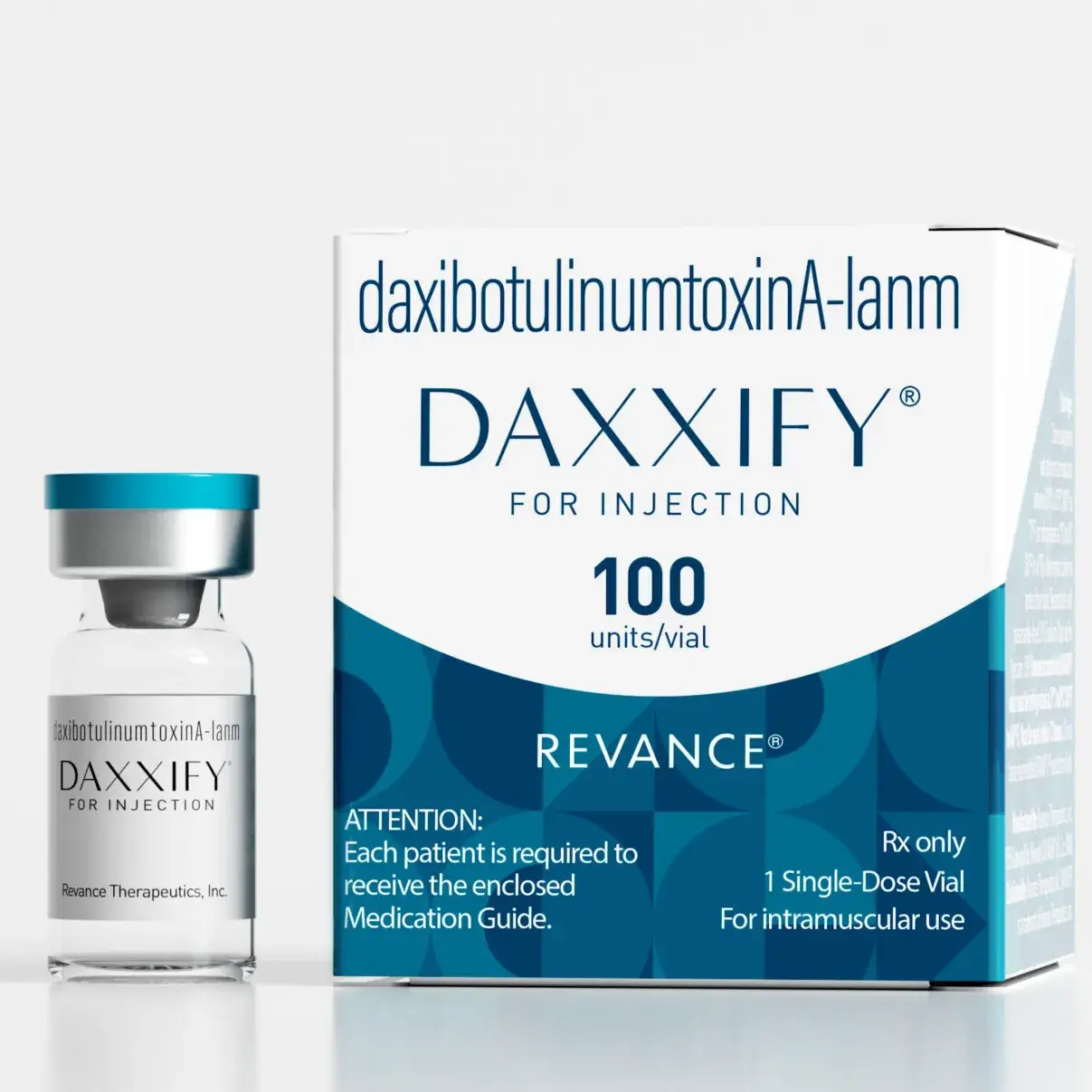 Daxxify (daxibotulinumtoxinA-lanm) 100 units/vial product packaging and vial, a long-lasting neuromodulator used for wrinkle treatment at Chrome Aesthetics. Daxxify (daxibotulinumtoxinA-lanm) 100 units/vial product packaging and vial, a long-lasting neuromodulator used for wrinkle treatment at Chrome Aesthetics.