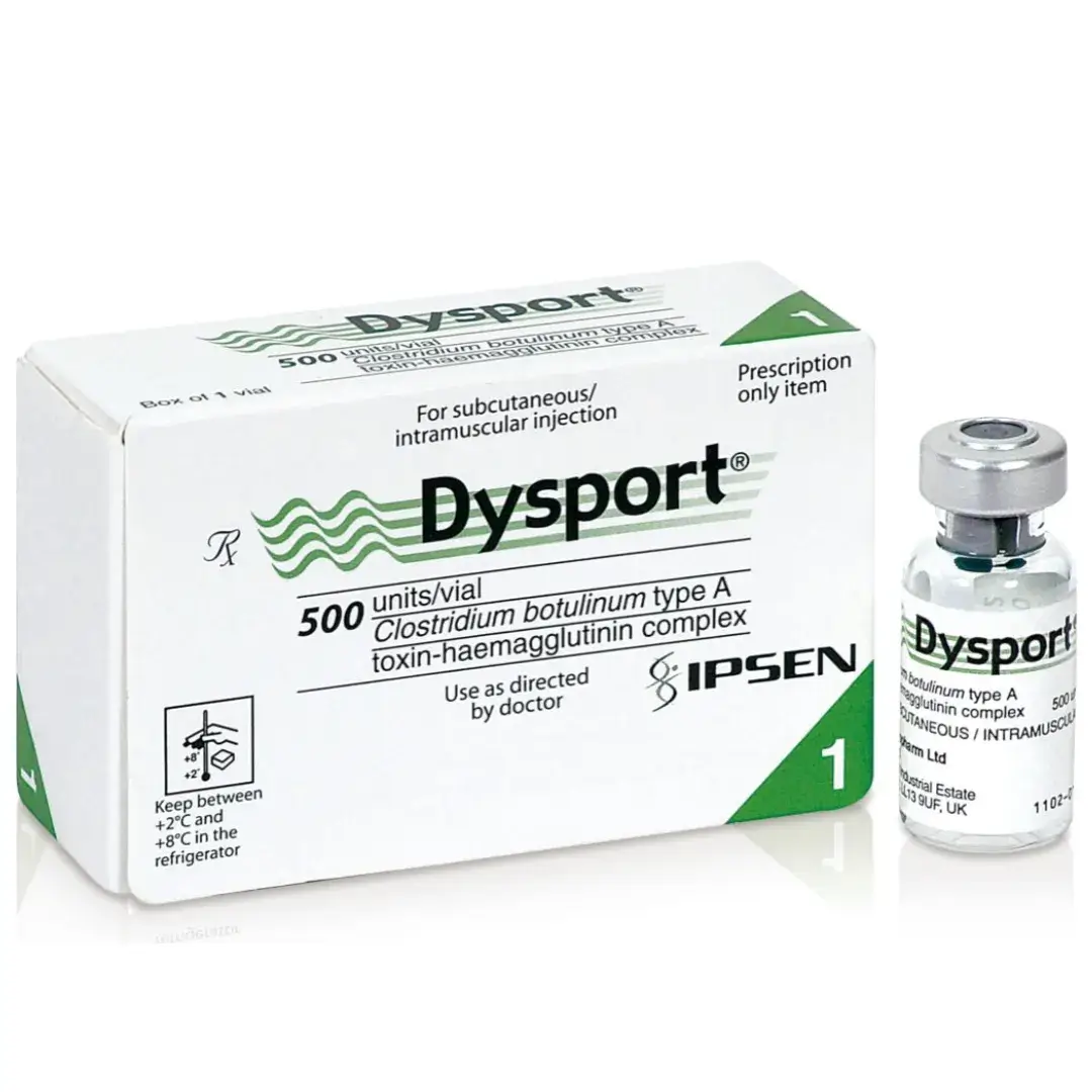 Dysport (abobotulinumtoxinA) 500 units/vial product packaging and vial from Ipsen, a neuromodulator used for wrinkle reduction and aesthetic treatments at Chrome Aesthetics. Dysport (abobotulinumtoxinA) 500 units/vial product packaging and vial from Ipsen, a neuromodulator used for wrinkle reduction and aesthetic treatments at Chrome Aesthetics.