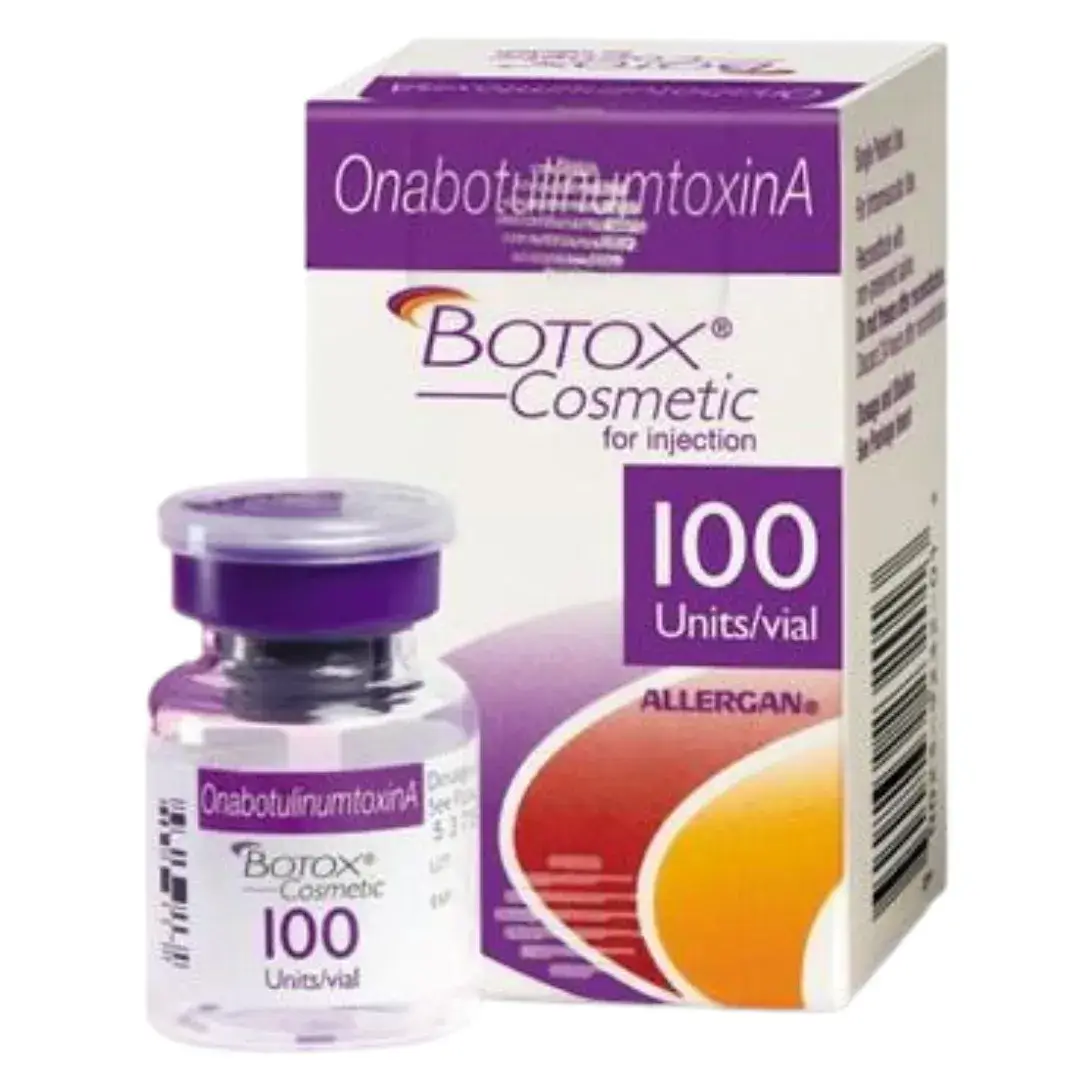 Botox Cosmetic (onabotulinumtoxinA) 100 units/vial product packaging and vial from Allergan, a popular neuromodulator used for wrinkle reduction at Chrome Aesthetics. Botox Cosmetic (onabotulinumtoxinA) 100 units/vial product packaging and vial from Allergan, a popular neuromodulator used for wrinkle reduction at Chrome Aesthetics.