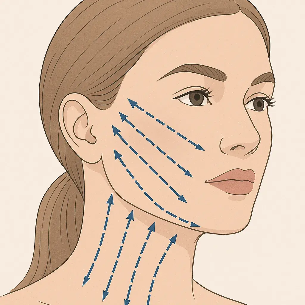 Illustration showing PDO thread lift placement with directional arrows on the face and neck, demonstrating the lifting and tightening technique for jawline and lower face rejuvenation.