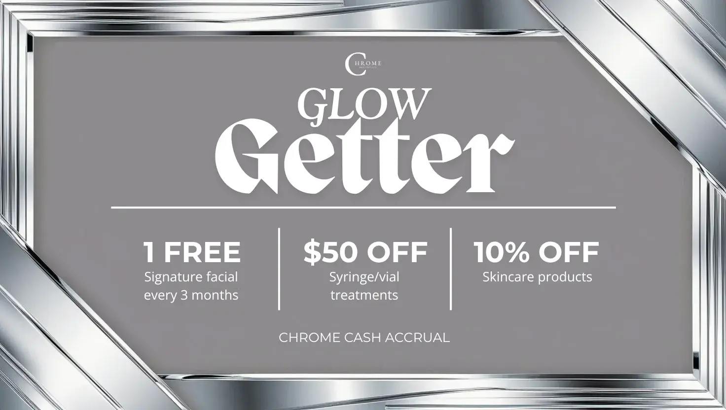 Glow Getter Membership promotional graphic highlighting benefits: 1 free Signature Facial every 3 months, $50 off syringe/vial treatments, 10% off skincare products, and Chrome Cash accrual at Chrome Aesthetics.