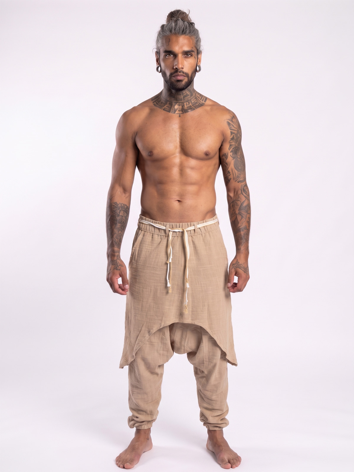 Pantalón Bagui con sobrefalda beige 1 - The Origin Ibiza