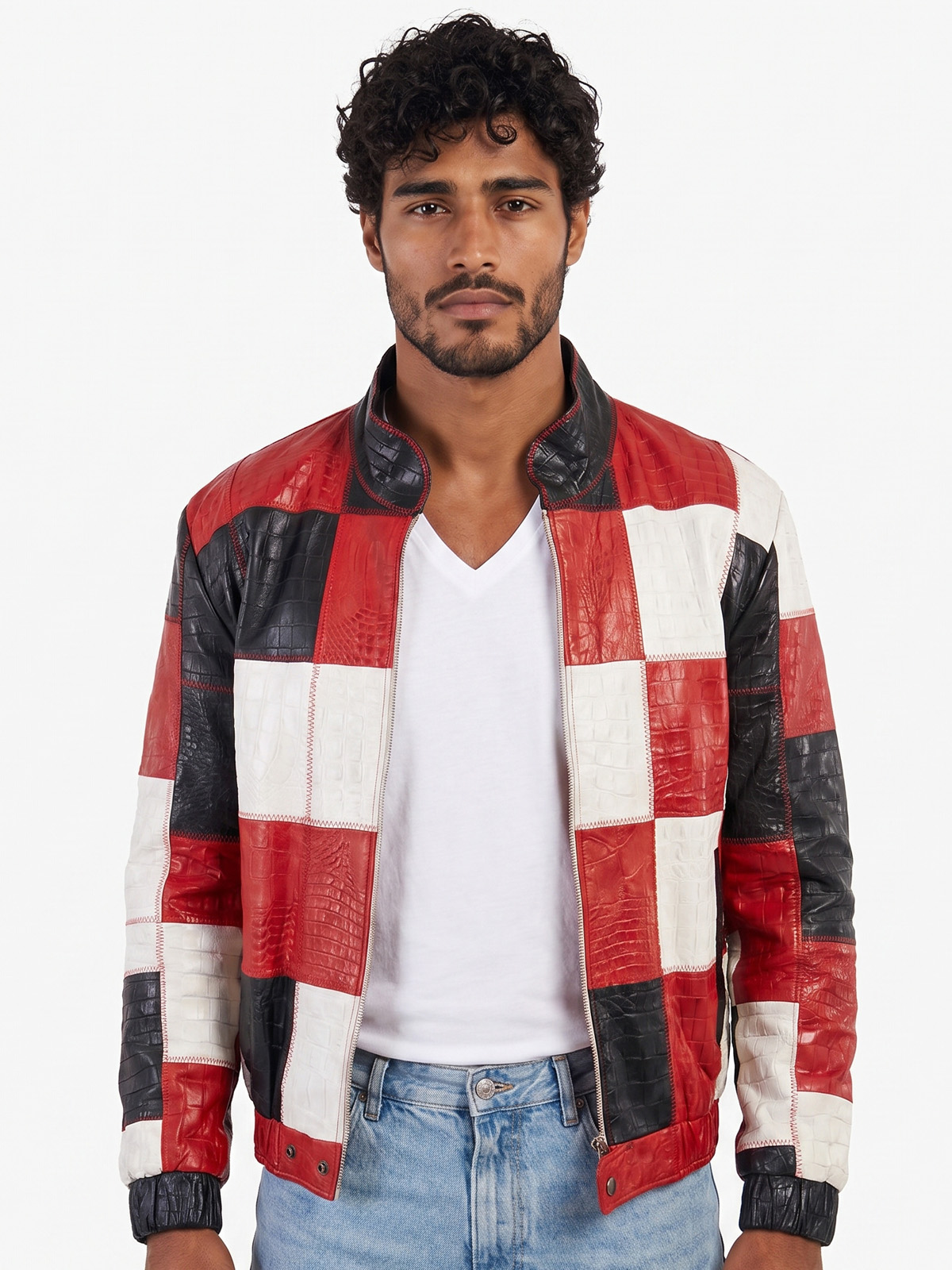 Bomber cuero trozos roja 1 - The Origin Ibiza