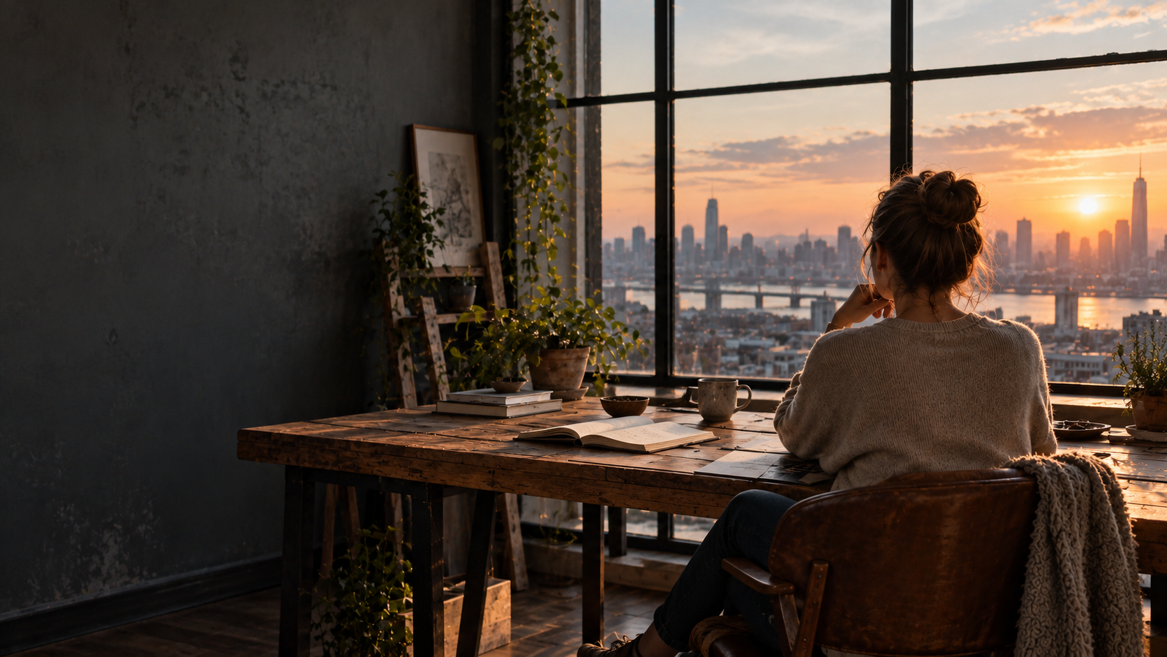 A woman reflecting beside a window overlooking the city