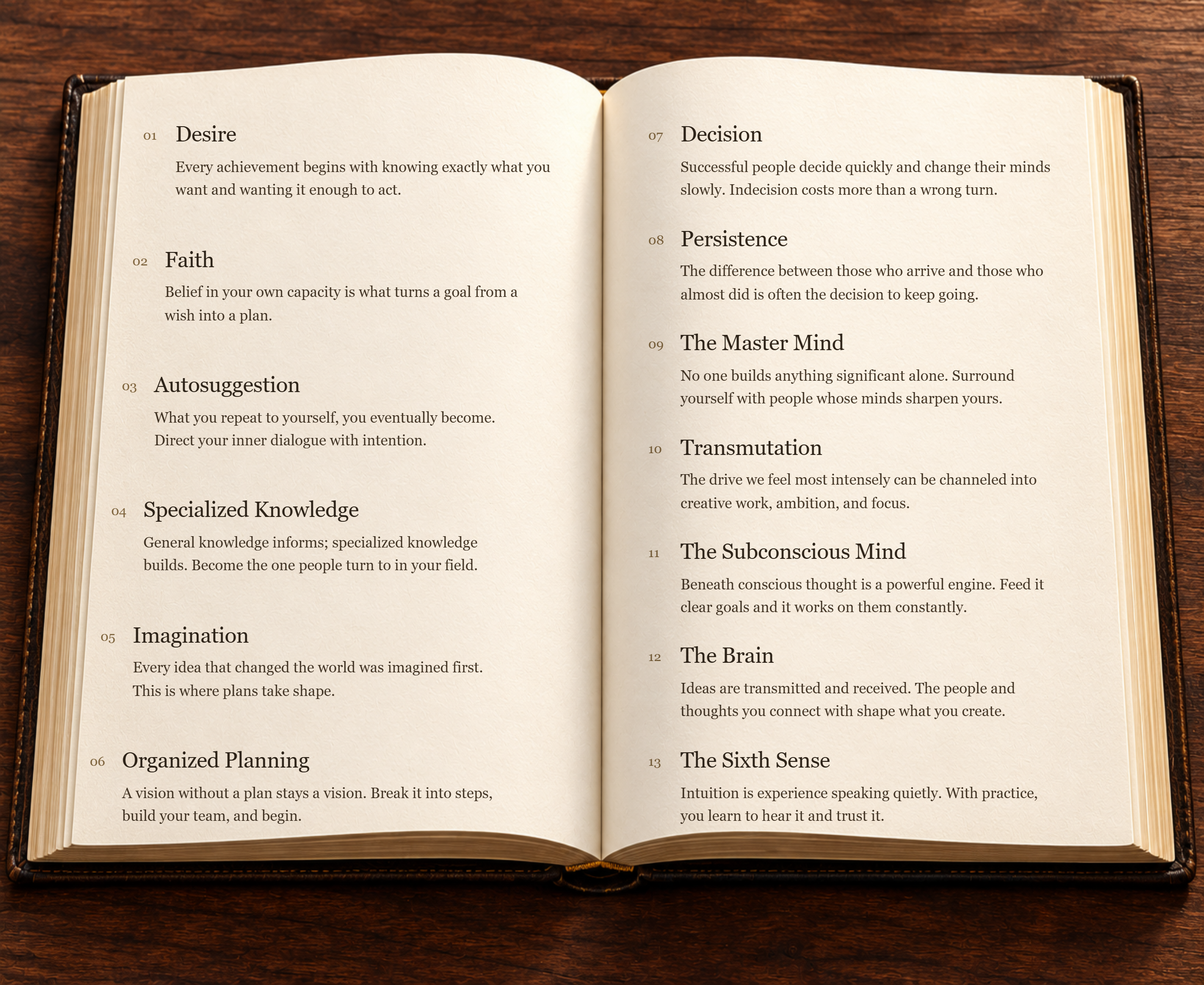 The thirteen principles: Desire, Faith, Autosuggestion, Specialized Knowledge, Imagination, Organized Planning, Decision, Persistence, The Master Mind, Transmutation, The Subconscious Mind, The Brain, and The Sixth Sense.