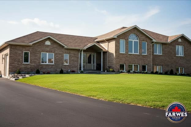 Large tan brick Farwes custom home with a palladian window and covered entry
