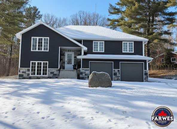 Two-storey Farwes custom home with dark siding, a stone base, and a two-car garage