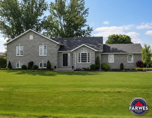 Grey brick Farwes custom home with a palladian window and a covered front entry