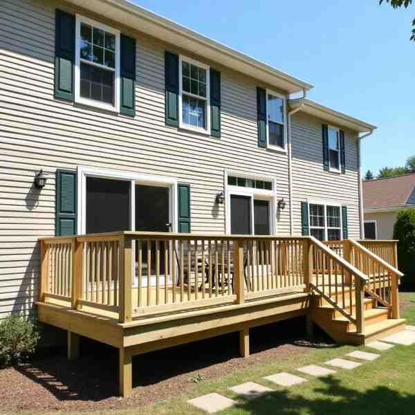 New cedar deck on a two-storey house with green shutters