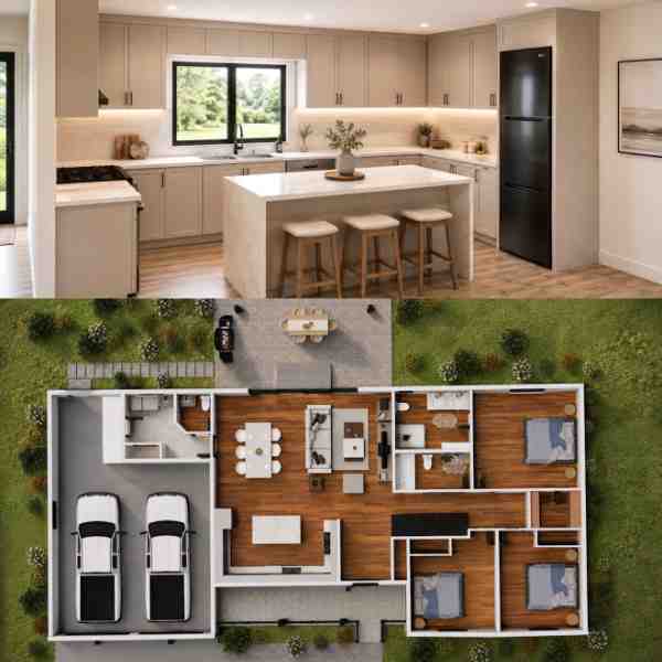 Farwes kitchen design with a centre island and matching floor plan