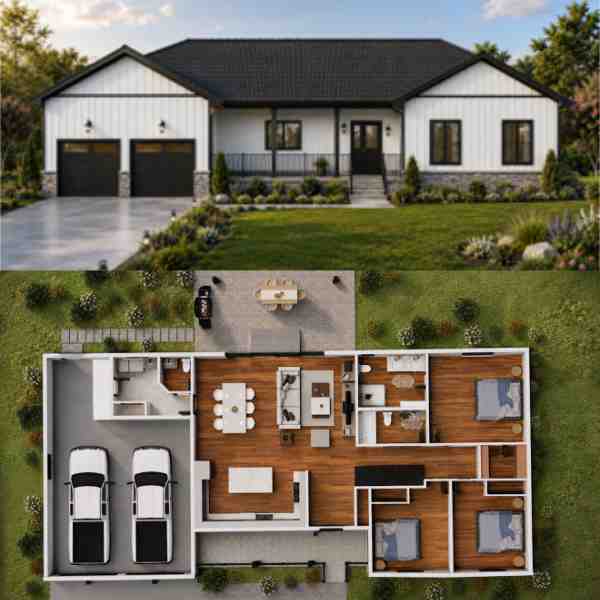 Farwes design for a white board-and-batten bungalow with a two-car garage and floor plan