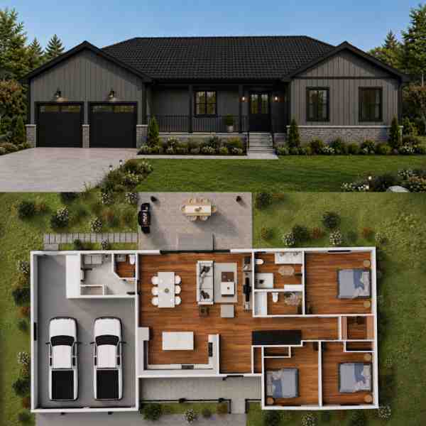 Farwes design for a dark siding bungalow with a two-car garage and floor plan