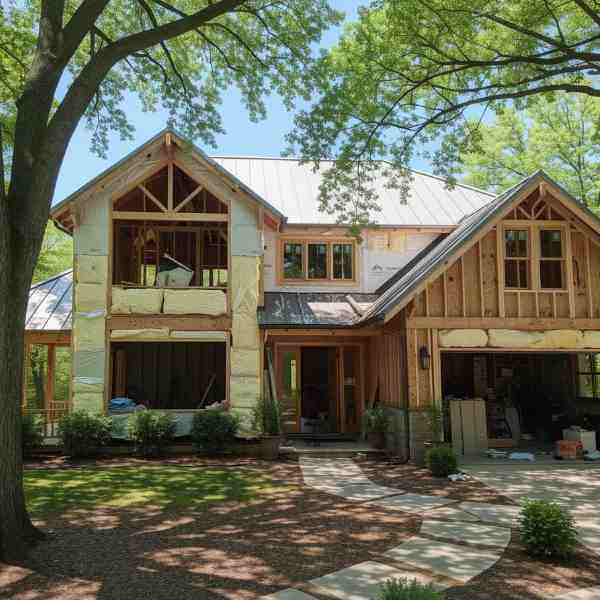 Farwes whole-home renovation with open framing and a metal roof among trees