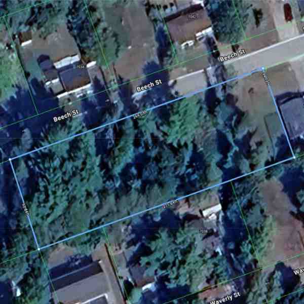 Aerial lot outline for 7037 Beech Street in Bewdley