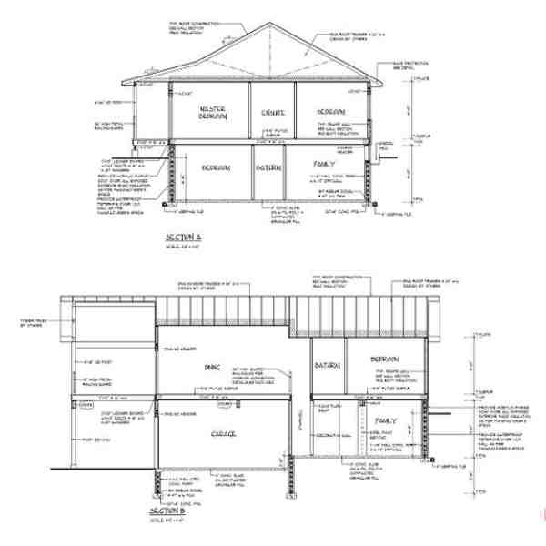 Farwes section drawings for the Bewdley bungalow